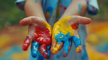 Child Showcasing Hands Painted with Primary Colors