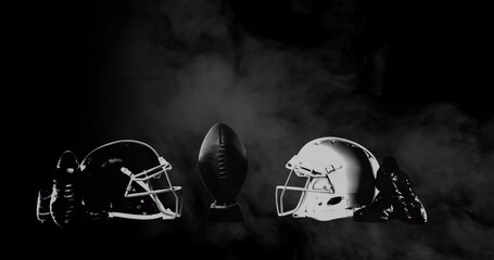 Image of smoke with american football equipment with ball