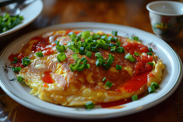 A plate of egg foo young, an omelette dish found in Chinese Indonesian, British, and Chinese American cuisine