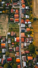 Fototapeta premium Residential houses in small town near agricultural field, bird eye view