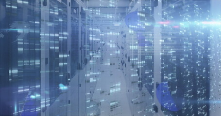 Image of blue light spot and screens of mosaic squares against computer server room