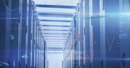 Image of data processing and mathematical equations against computer server room