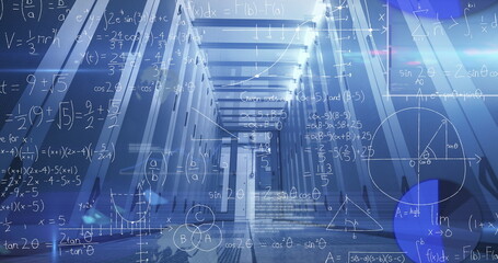 Image of data processing and mathematical equations against computer server room