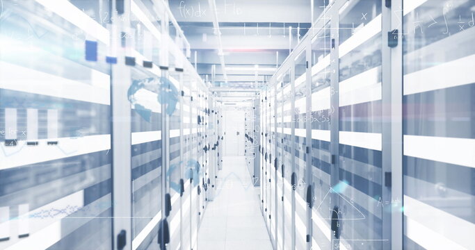 Image of data processing and mathematical equations against computer server room