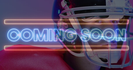 Image of coming soon text and neon shapes over american football player on neon background