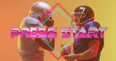 Image of press start text over american football players and neon diamonds