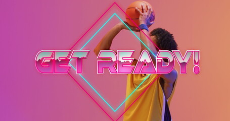 Image of get ready text over basketball player and neon diamonds