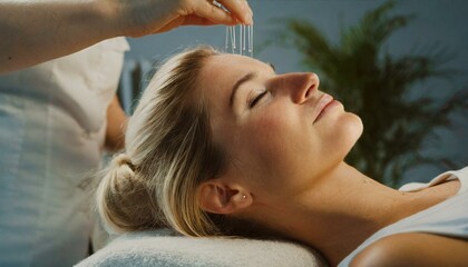 Fototapeta premium Woman during acupuncture treatment. Thin needles inserted into the skin of her head 