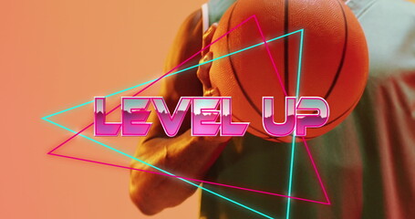 Image of level up text and neon lines over basketball player on neon background