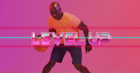 Image of level up text and neon lines over basketball player on neon background