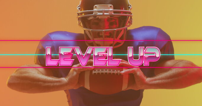 Image of level up text and neon shapes over american football player on neon background
