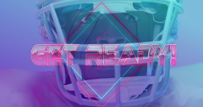 Image of get ready text and neon shapes over american football player on neon background - Powered by Adobe