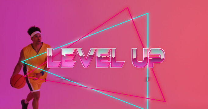 Image of level up text and neon lines over basketball player on neon background - Powered by Adobe