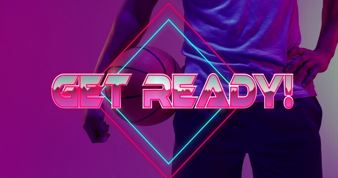 Image of get ready text over basketball player and neon diamonds