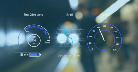 A digital interface with speedometer and energy icons on a blue background