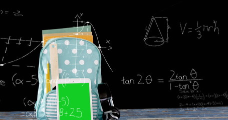 Image of mathematical equations floating over backpack with notebooks on black background