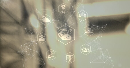 Image of network of connections with icons over blurred background