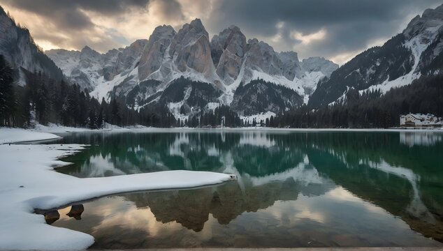 Rocky mountains covered with snow reflected in braies lake in italy under the storm clouds