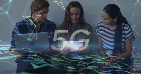 Image of 5g and network of connections over diverse female and male coworkers