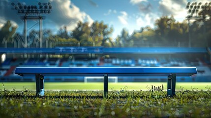 Obraz premium Dynamic view of a blue coach's bench in a bustling football stadium – capture the energy and strategy of the game