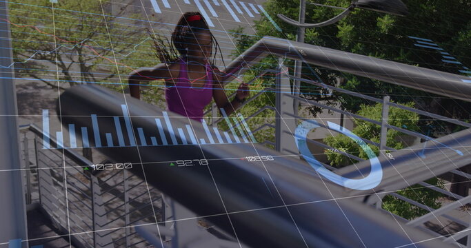 Image of data processing over african american female runner on stairs