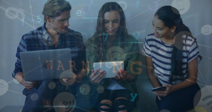 Image of connections over happy diverse students using electronic connections