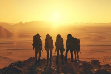 Obraz premium Five hikers silhouetted against a golden sunset, standing on a rocky outcrop overlooking a vast desert landscape.