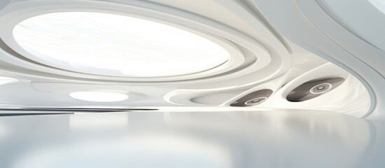 A close-up view of a smooth white ceiling featuring circular lights, creating a futuristic architectural background. The circular lights provide a unique and modern aesthetic to the overhead space.