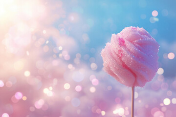pink cotton candy on a stick, a shiny air cloud on a stick, on a background with bokeh gradient blue and pink - obrazy, fototapety, plakaty