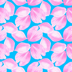 Watercolour Sakura spring flowers petals illustration seamless pattern. Seasonal Cherry blossom. On blue background. Hand-painted. Botanical Floral elements. For print decoration, fabric, wrapping.