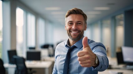Smiling businessman showing thumbs up in the office