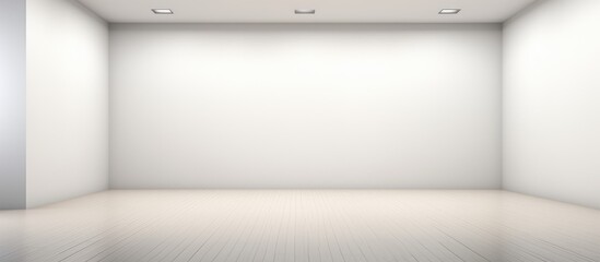 A modern empty room with white walls and a white floor, showcasing a minimalist interior design concept. The room is free of furniture, offering a clean and spacious look.