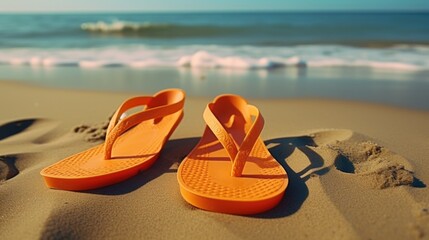 A pair of orange flip flops on a sandy beach. Perfect for summer vacation concepts