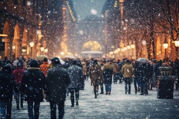 Obraz premium Group of people walking in snow, suitable for winter themes