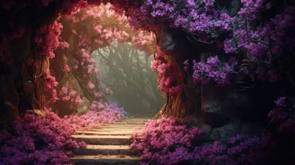 Selbstklebende Fototapete Straße im Wald A serene pathway in a forest surrounded by blooming purple flowers. Perfect for nature lovers and outdoor enthusiasts