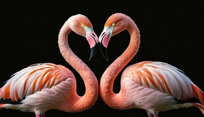 Two pink flamingos forming heart shape with their necks on black background - obrazy, fototapety, plakaty