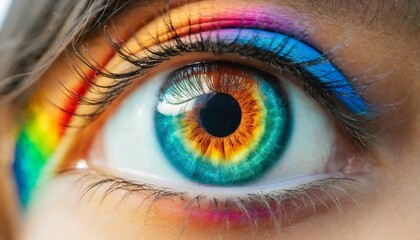 Colors of the rainbow in the eye of a woman with makeup. Female colorful and natural rainbow eye. - obrazy, fototapety, plakaty