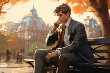 A charming gentleman in a tailored blazer and jeans, sitting on a bench overlooking a city park, his expression relaxed as he enjoys the tranquility amidst the bustling metropolis. - Powered by Adobe