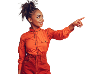 Mulher sorridente apontando dedo para o lado. Fundo transparente para design gráfico. Uso: anúncios online, mídia social, design criativo, tecnologia