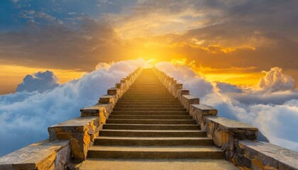  Stairway to heaven, stone staircase leading to orange yellow glow in distance, clouds around
