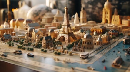 A detailed miniature model of a city with a prominent tower. Ideal for architectural and urban concepts