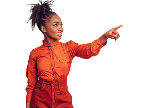 Mulher sorridente apontando dedo para o lado. Fundo transparente para design gráfico. Uso: anúncios online, mídia social, design criativo, tecnologia