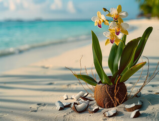 Buds of delicate yellow orchid flowers
in a vase from broken coconut
on sandy beach of ocean shore
in Maldives. Piece of paradise.