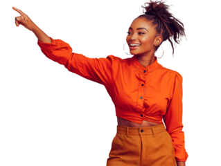 Mulher sorridente apontando dedo para o lado. Fundo transparente para design gráfico. Uso: anúncios online, mídia social, design criativo, tecnologia