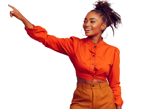 Mulher sorridente apontando dedo para o lado. Fundo transparente para design gráfico. Uso: anúncios online, mídia social, design criativo, tecnologia