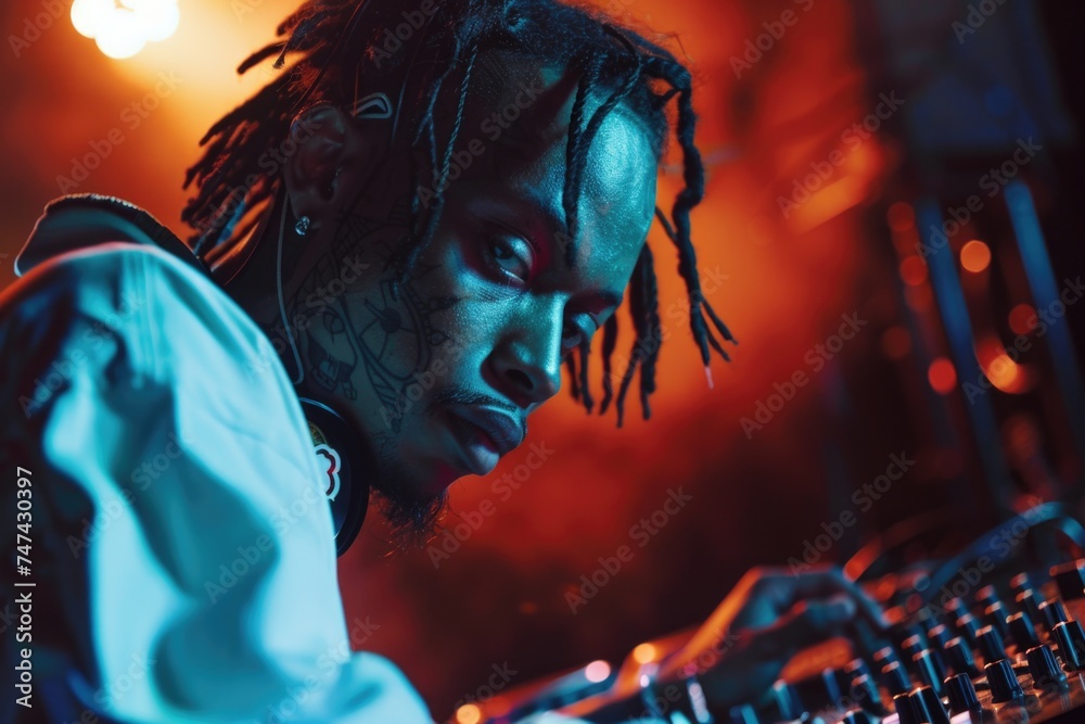 Poster A man with dreadlocks playing music on a keyboard. Suitable for music or performance concepts