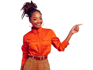 Mulher sorridente apontando dedo para o lado. Fundo transparente para design gráfico. Uso: anúncios online, mídia social, design criativo, tecnologia