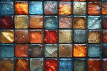 A wall of multicolored square glass bricks. Glass background