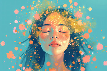allergic woman with closed eyes and flowers and sparkles around her head on a blue background