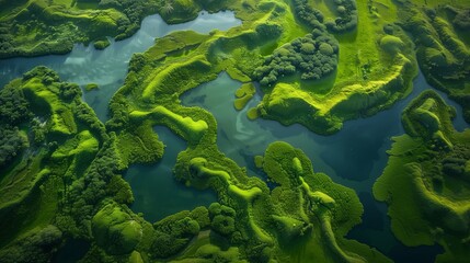 Fototapeta na wymiar aerial view of lush greenery and water creating natural patterns on landscape